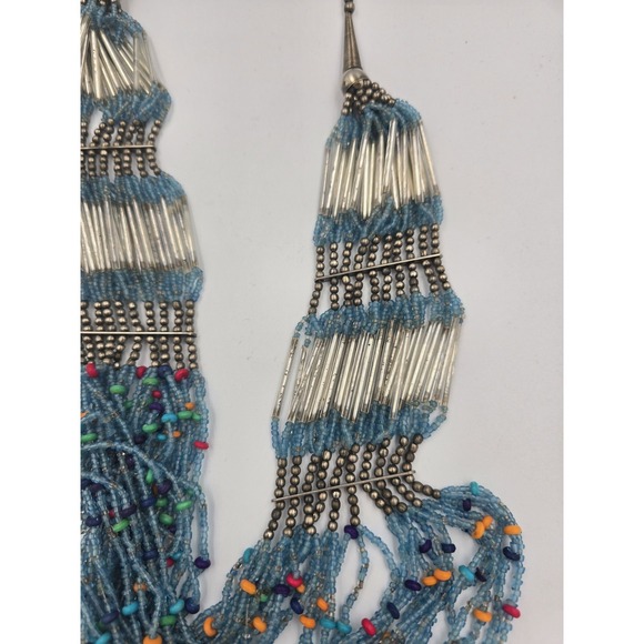 Ethnic Tribal Style Beaded Multistrand Statement Necklace Blue Silver Tone - Picture 5 of 9